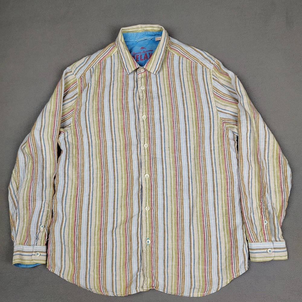 Tommy Bahama Linen Long Sleeve Men XL Multi Color Striped Button Up Casual Beach
